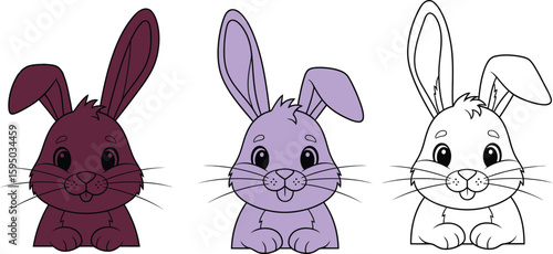 Three outlined cartoon rabbits with different ear positions in a row on white background