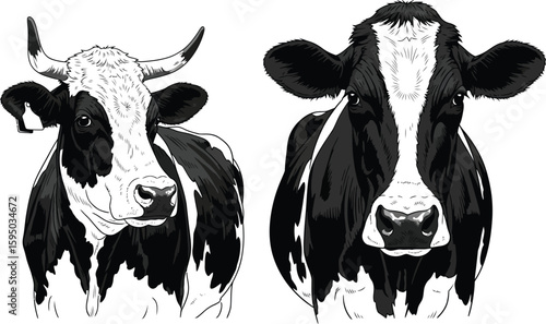 Illustration of two black and white dairy cows with horns on a white background close up view
