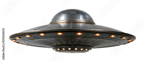 Futuristic metallic ufo with lighted rim in hovering position