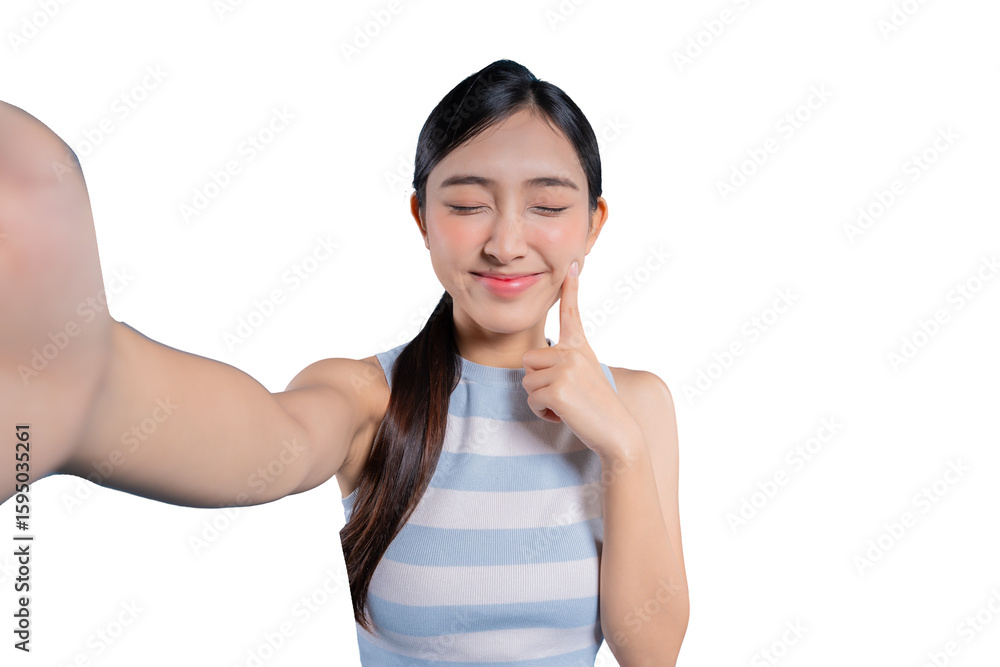 A cute and shy young Asian woman with her eyes closed, gently poking her cheek while taking a sweet selfie.on png
A cute and shy young Asian woman with her eyes closed, gently poking her cheek while taking a sweet selfie.on png