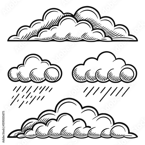 Black and white line drawing of various cloud shapes with rain clouds raining