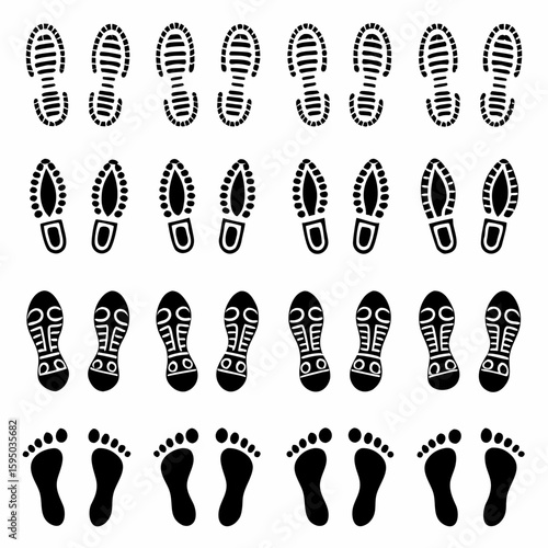 Black Footprints and Shoe Prints on White Background sole tread