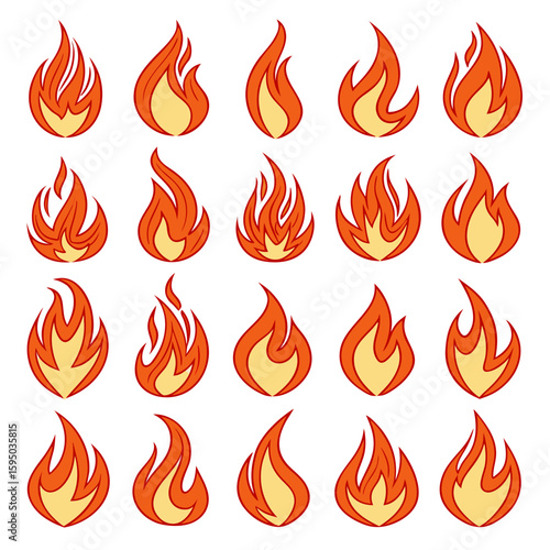 Collection of diverse cartoon fire flames on a white background illustration heat