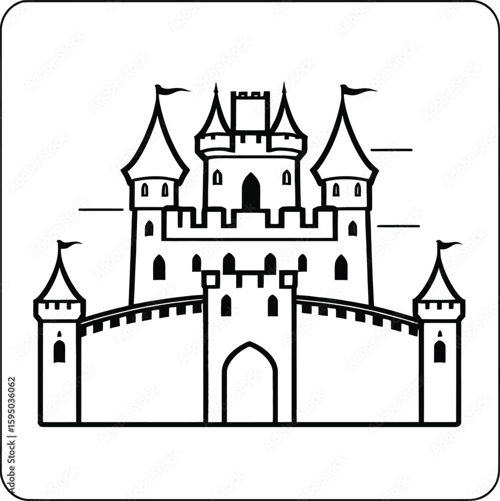Fototapeta premium Minimalist Castle Illustration Fantasy Fortress Outline For Coloring Books Storybooks And Creative Projects