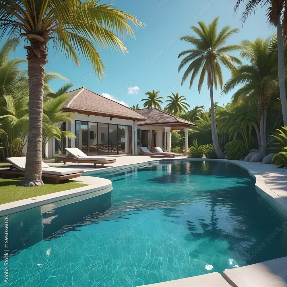 Fototapeta premium Luxury Tropical Villa with Swimming Pool and Palm Trees