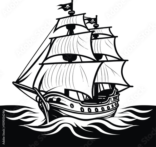 Wallpaper Mural Detailed Monochrome Illustration Of A Pirate Ship Sailing On Choppy Waters For Nautical Themes Adventure Concepts And Historical Illustrations In A Striking Graphic Style Torontodigital.ca