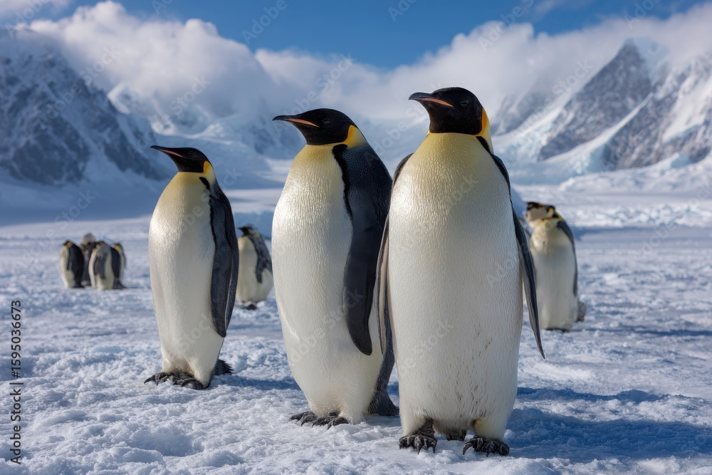Naklejka premium A group of emperor penguins stand together on a snowy landscape with majestic mountains and a cloudy blue sky in the background