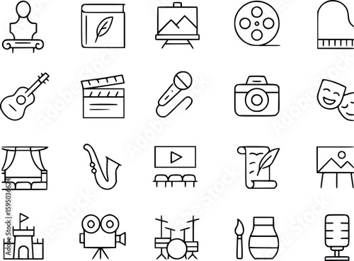 Arts & Culture Line Icon Set , Creative Symbols for Music, Theater, Painting, and Performance new 2025 trendy