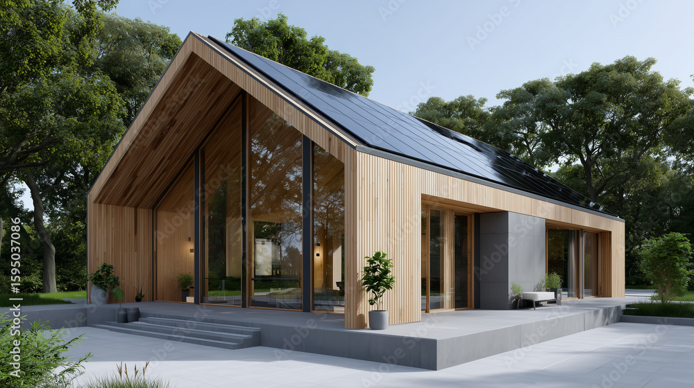 Fototapeta premium Modern Wooden House with Solar Panels and Eco Friendly Design