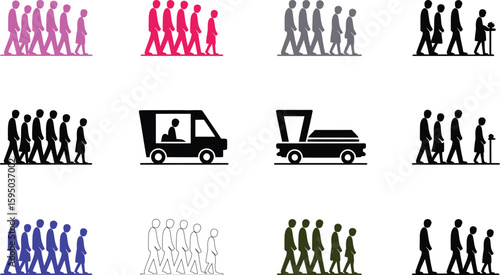 A collection of black and white icons depicting funeral processions and hearse vehicles in a grid layout