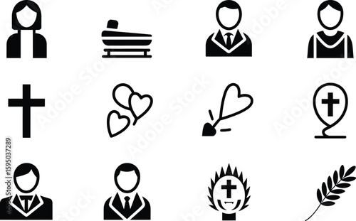 Twelve black and white icons depicting various religious and funeral related symbols on a white background