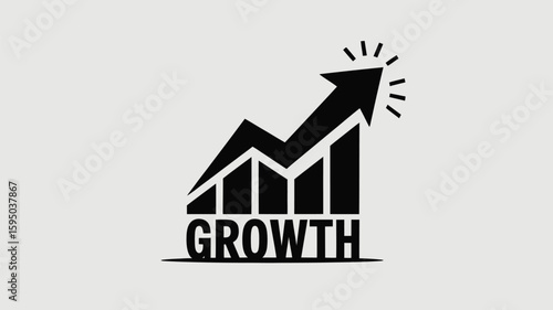 Arrow soaring above rising bars conveying success and upward movement as a growth concept with the word growth depicted underneath, symbolizing progress and achievement