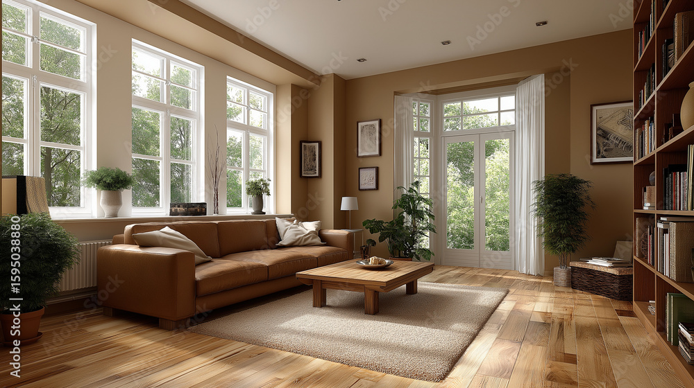 Fototapeta premium Elegant living room interior with a comfortable sofa, natural light and bookshelf