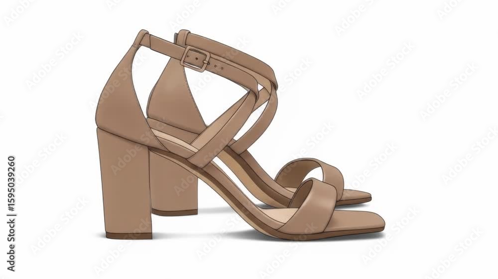 A pair of nude, heeled sandals, drawn with clean lines and solid shading. Each sandal has a strap around the ankle and toes, with block heels A pair of nude, heeled sandals, drawn with clean lines and solid shading. Each sandal has a strap around the ankle and toes, with block heels