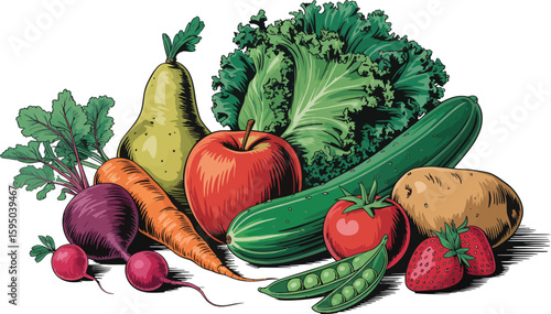 Still life illustration of various fruits and vegetables arranged together on a light background