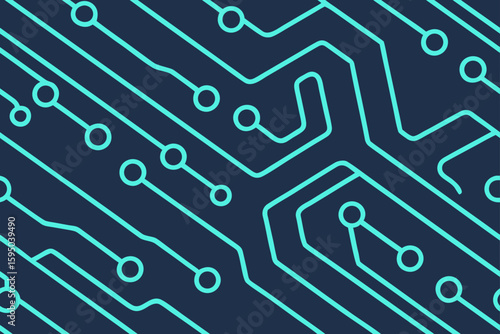 Teal Circuit Board Lines and Circles on Dark Blue Background technology digital