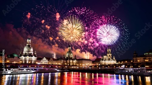New Year's Eve Firework Display Over City Skyline
