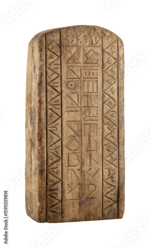 Ancient wooden rune stone with inscriptions