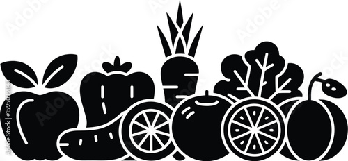 A black and white silhouette illustration of a variety of fresh fruits and vegetables together nicely