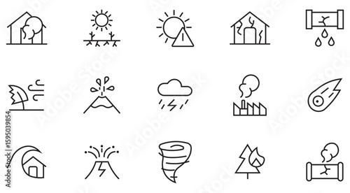A collection of line icons representing various natural disasters.  Contains such as hurricane, fire, volcanic, storm, earthquake, tsunami, wind, tornado, biohazard and more. Linear style icon bundle.