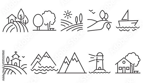 Landscape modern thin line style.  Containing river, landscape, island, desert, mountain, farm, cliff, iceberg, waterfall, forest, sunset, dunes and more. Vector solid symbol collection.