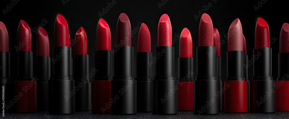 Obraz premium 3D render of various shades of red lipsticks on a black background, in a minimalist style. 