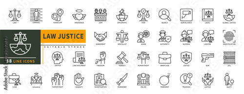 Minimalist Law Justice line icons set with editable stroke, featuring criminal, handcuff, innocence, jury, diplomatic, fair, legal, lawyer, judge, authority, human right. thin linear illustration.