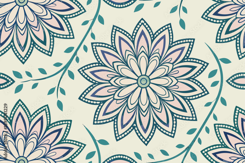 Fototapeta premium Floral mandala pattern with teal vines and leaves seamless botanical