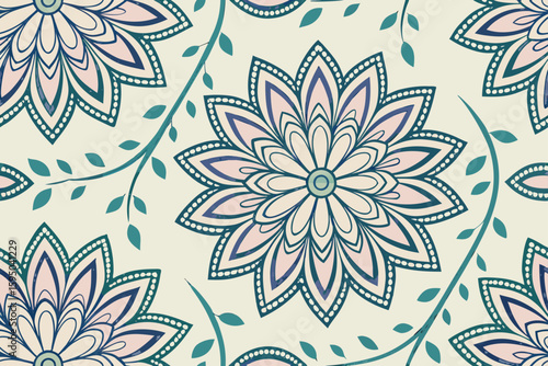Floral mandala pattern with teal vines and leaves seamless botanical