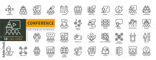 Minimalist Conference line icons set with editable stroke, featuring presentation, meeting, group, delegation, call group, report, video conference, speach, webinar, speaker. thin linear illustration.