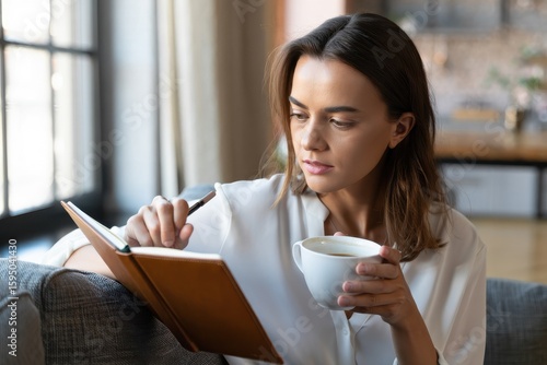 Woman relaxes at home with coffee and journal, enjoying a peaceful morning routine