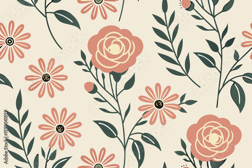 Vintage floral pattern with coral pink roses and daisies retro botanical