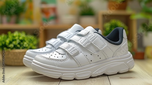A pair of white sneakers with Velcro straps arranged on a wooden surface indoors for showcasing