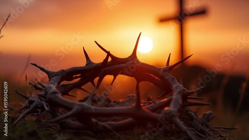 A close-up of a crown of thorns against the background of a blurred silhouette of a cross on a hill during sunset. Symbol of the Passion of Christ, Easter and redemption