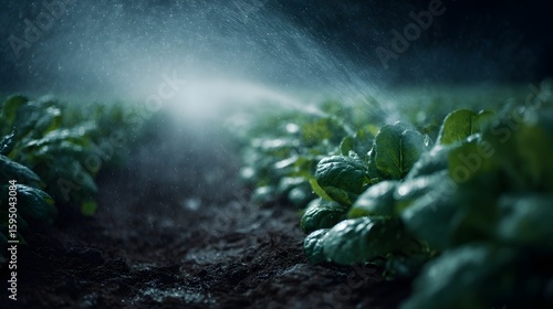 Automated water sprinkler spraying mist over a lettuce field