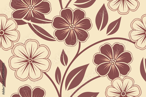 Floral pattern with maroon and cream flowers and leaves vector