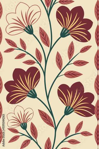 Floral pattern with maroon and cream flowers leaves