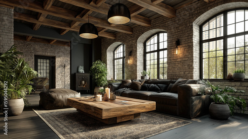 Rustic industrial living room interior showcasing exposed brick and natural light design