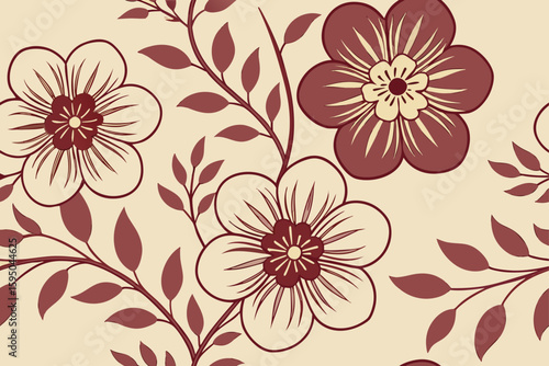 Seamless pattern of maroon flowers and leaves on a light beige background floral pattern