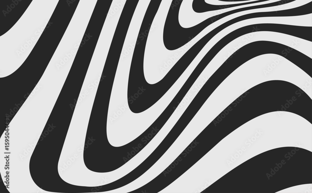 Obraz premium A black and white distorted stripes backdrop. A zebra skin background. Deformed shapes flowing texture.