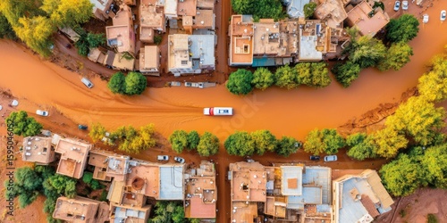 Flood response operations urban area aerial view natural disaster community resilience emergency management