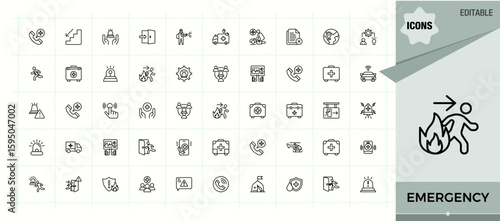 Set of Emergency line icon. Featuring attention, sos, danger, urgency, critical and more. Modern linear icons. Urgency vector line icon set. Editable vector art and illustration.