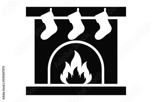 A Minimalist Black and White Icon Design Featuring a Fireplace with Stockings and Warmth for Holiday Festivities.