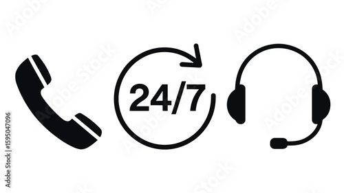 Minimalist 24/7 Support Black and White Icon Set Illustrating Customer Service Availability