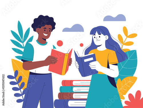 Colorful Vector of People Exchanging Books at a Community Fair Reading Enthusiasts Sharing Literature in an Educational and Social Book Swap Event Scene