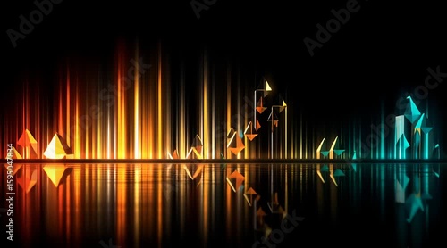 Abstract crystal geometric shapes reflecting vibrant orange and blue tones, glowing vertical light beams creating dynamic futuristic
