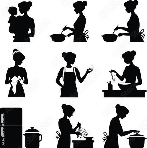 Woman Cooking in Kitchen Silhouette – Domestic Chef Icon Set Female Cooking at Stove – Home Kitchen Black Silhouette Vector