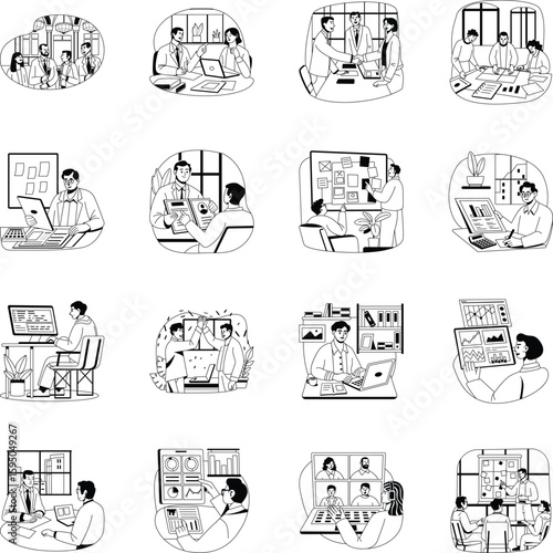 Set of 16 Glyph Style Corporate Vector Illustrations
