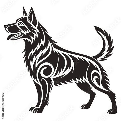 A german shepherd dog with tribal patterns, shown in a graphic