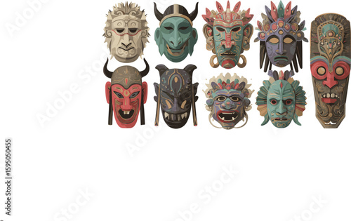 Set of funny monster masks and tribal skull face sculptures